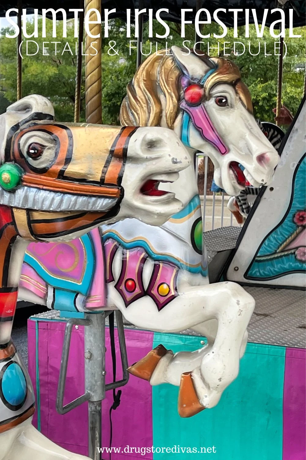 A close up of two carousel horses with the words 