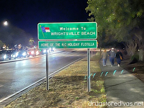 The Welcome To Wrightsville Beach sign at night.
