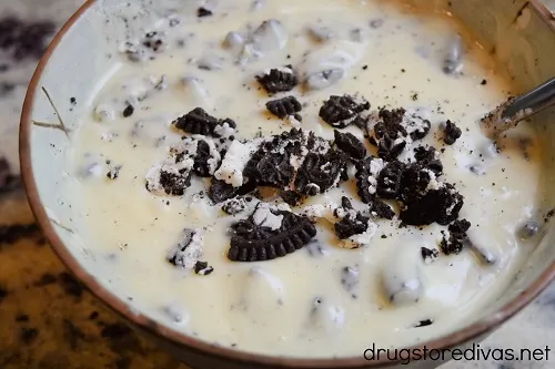 Oreo crumbs in a bowl with white chocolate.
