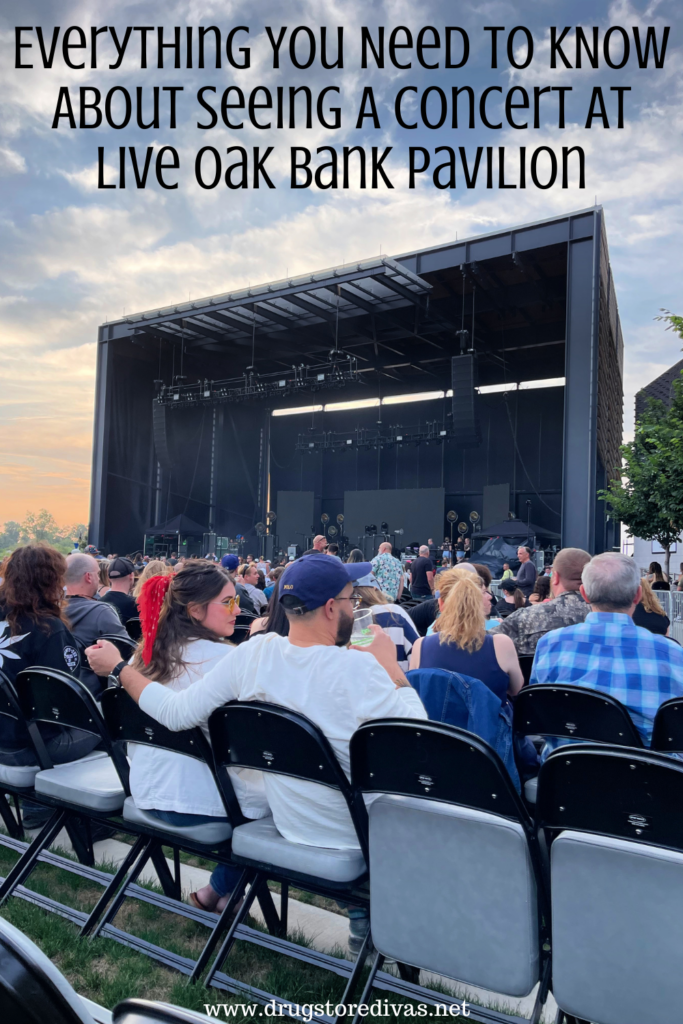 A crowd and music stage with the words "Everything You Need To Know About Seeing A Concert At Live Oak Bank Pavilion" digitally written on top.