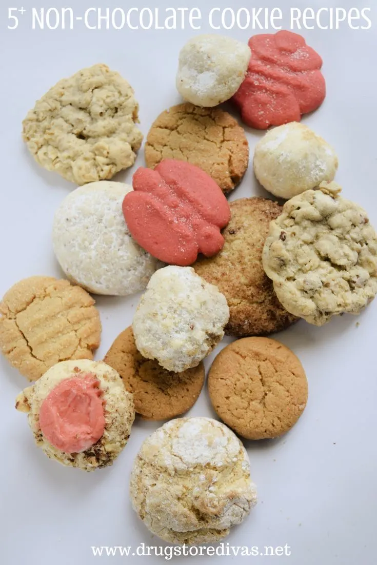 Fifteen cookies of various types and colors on a white background with the words 