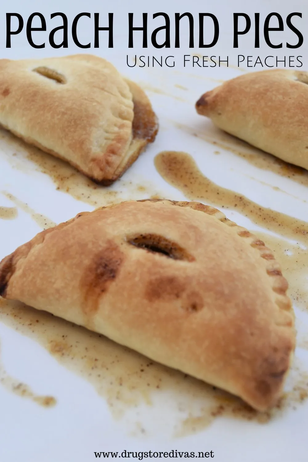Three hand pies on a white plate with the words 