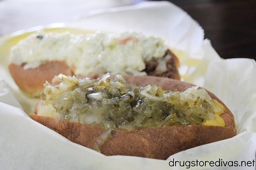 Two hot dogs, one with relish and mustard and the other with coleslaw and chili, from The Rough House in Abbeville, SC.