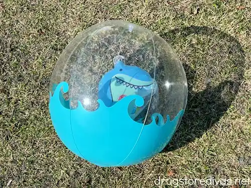 A 3D beach ball with a blue wave on the outside and a plastic shark on the inside.