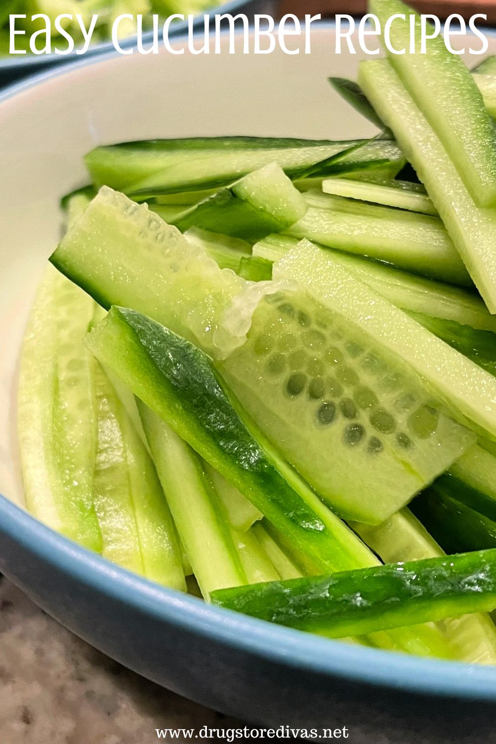 A bowl filled with cucumber slices and the words 