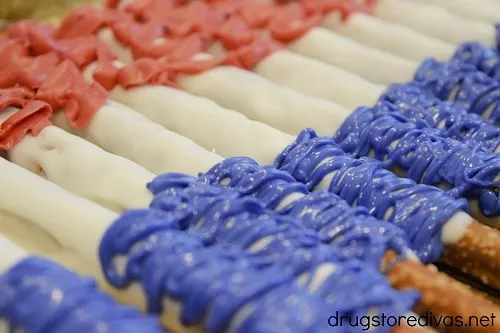 Red, white, and blue chocolate covered pretzels.