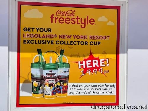 A sign advertising the refillable mug at LEGOLAND.