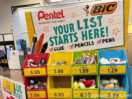 A display of school supplies on sale.