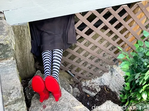 The lower half of a body, in a black dress, black and white striped socks, and red slippers under a house at the Land of Oz theme park.