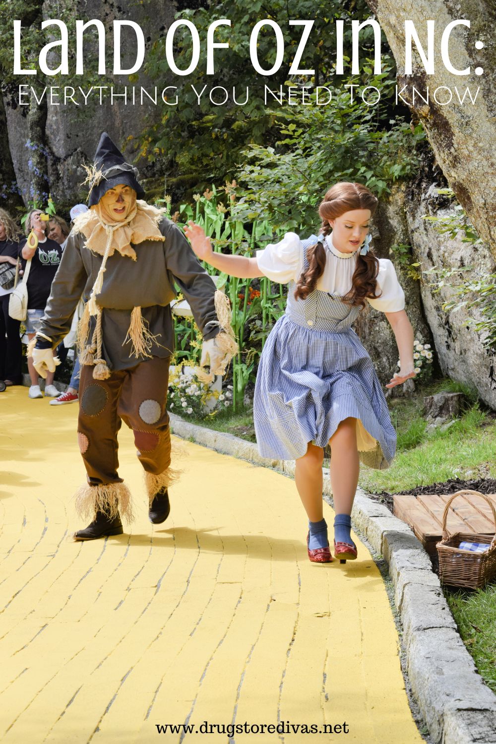 Dorothy and the Scarecrow on the Yellow Brick Road with the words 