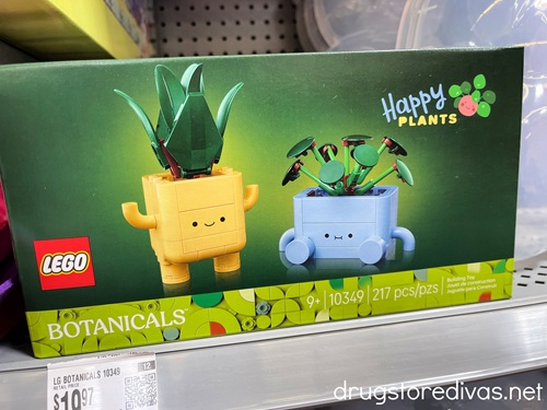 A Lego Botanicals Happy Plants set in a box on a shelf.