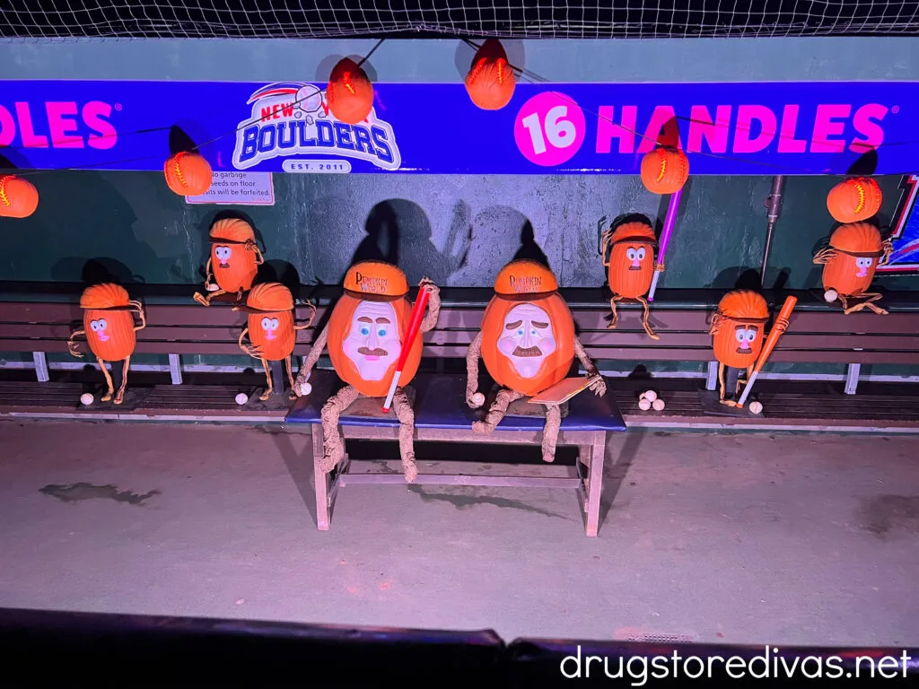 Pumpkins carved to look like a baseball team at Pumpkin World in New York.