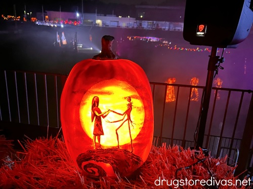 A pumpkin carved with a scene from the Nightmare Before Christmas on it at Pumpkin World in New York.