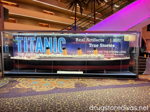 A boat in a glass case advertising the Titanic exhibit at the Luxor in Las Vegas.