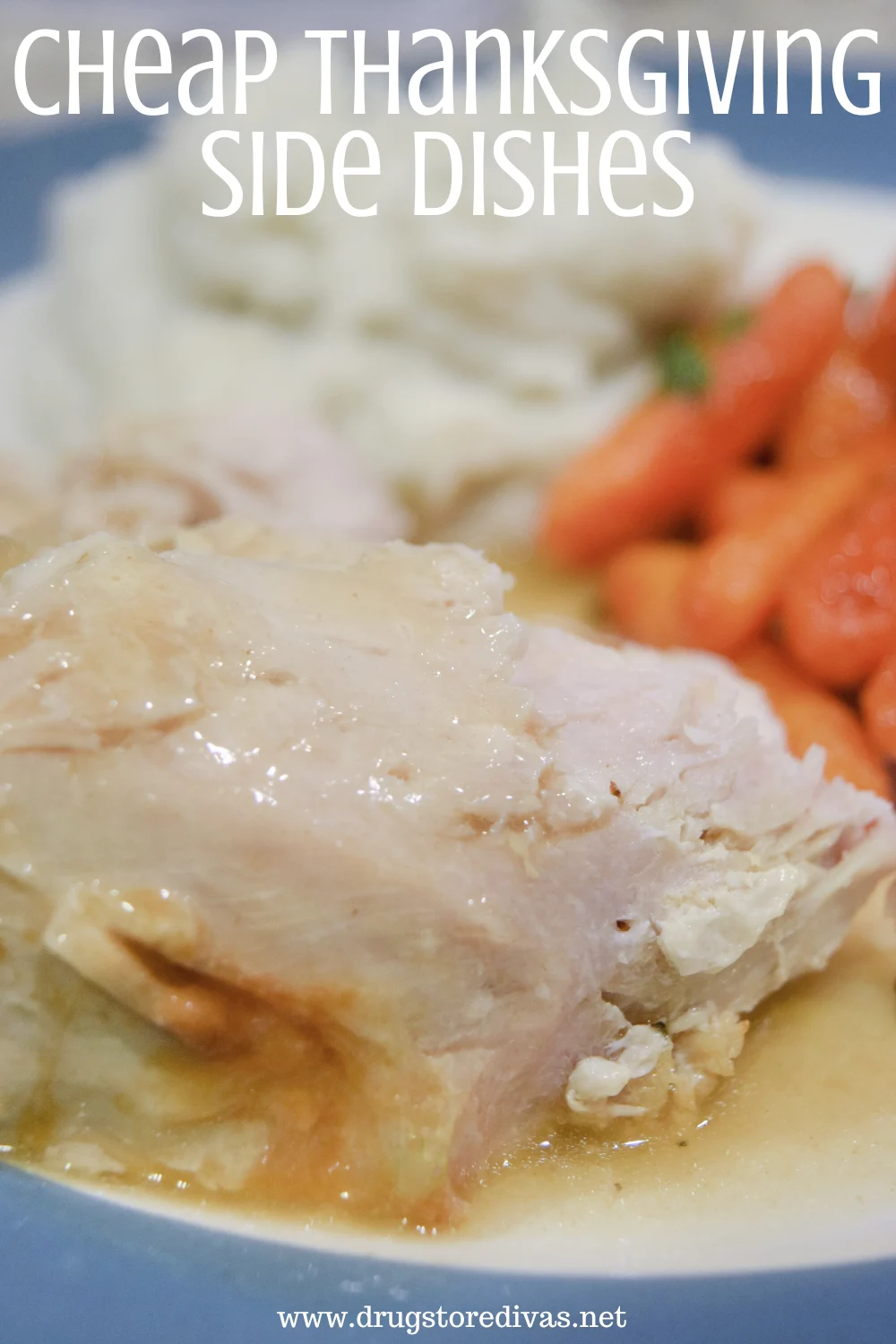 Roast turkey, carrots, and mashed potatoes on a blue and white plate with the words 