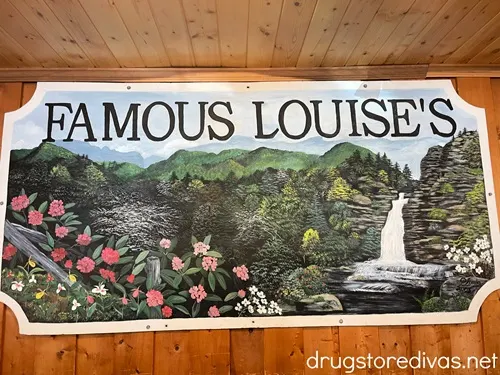 A mural of the outdoors and a waterfall with the words Famous Louise's painted on top.