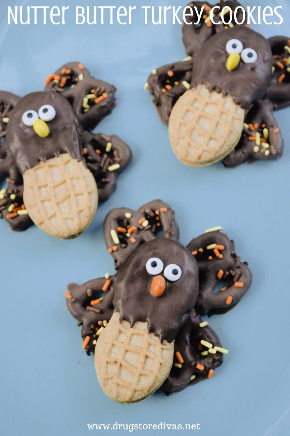 Three cookies designed to look like turkeys with the words 
