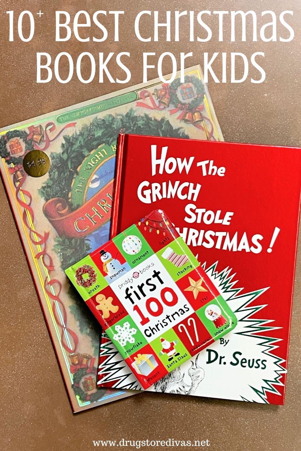 Three Christmas books on the ground with the words 