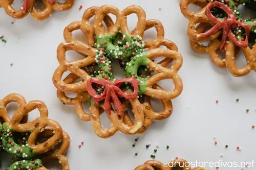 Pretzels decorated to look like Christmas wreaths.