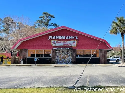 The outside of a restaurant called Flaming Amy's Burito Barn in Wilmington, NC.