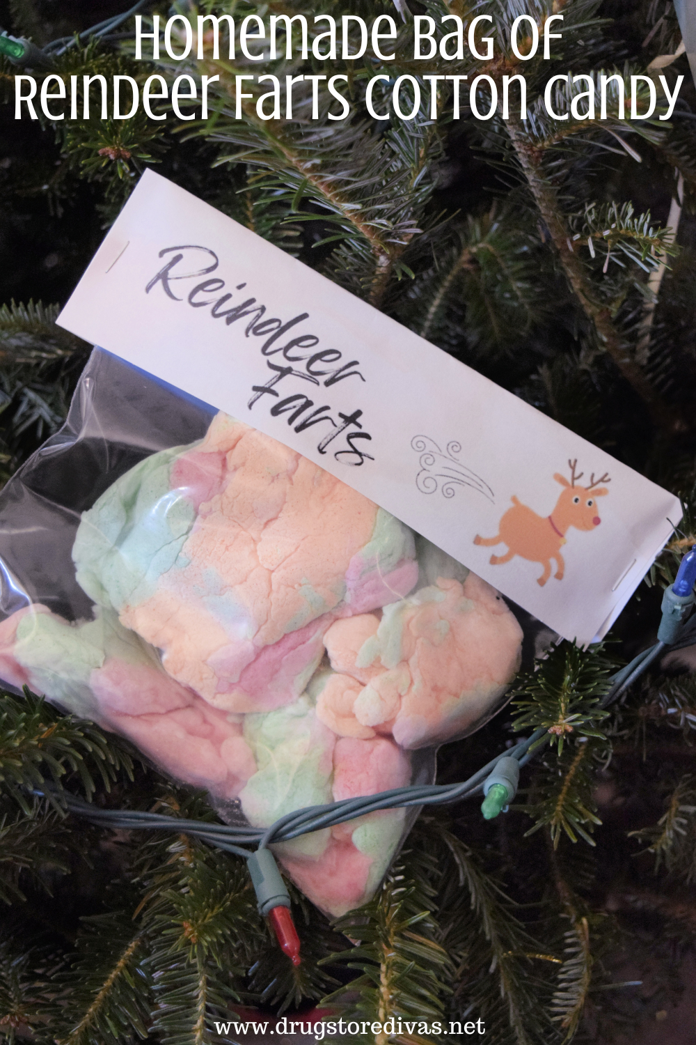 A bag of cotton candy with a whimsical topper and the words 