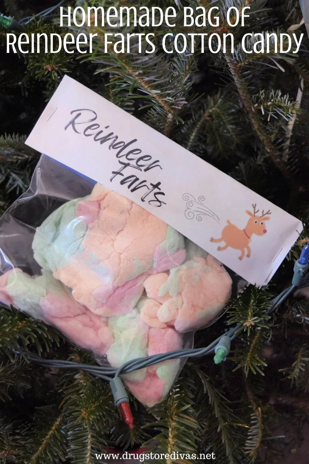 A bag of cotton candy with a whimsical topper and the words 