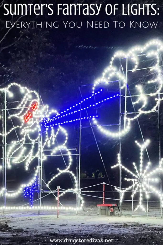 An animatronic old man winter lights scene with the words "Sumter's Fantasy of Lights: Everything You Need To Know" digitally written on top.