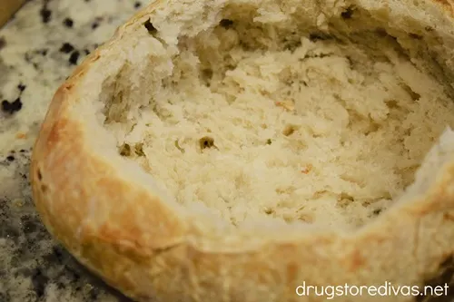 A hollowed out bread bowl.
