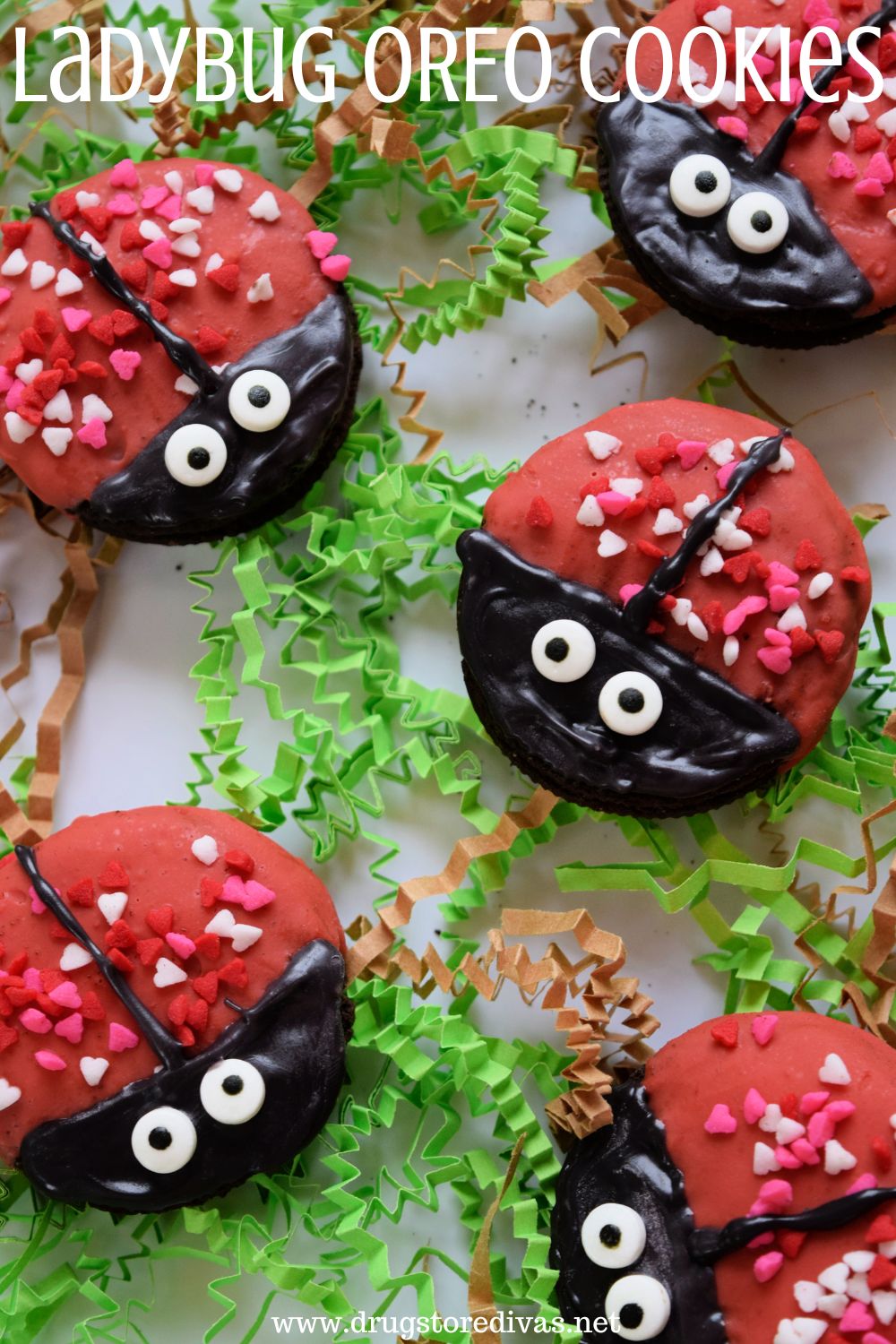 Five OREO cookies decorated to look like ladybugs on green and brown paper shred with the words 