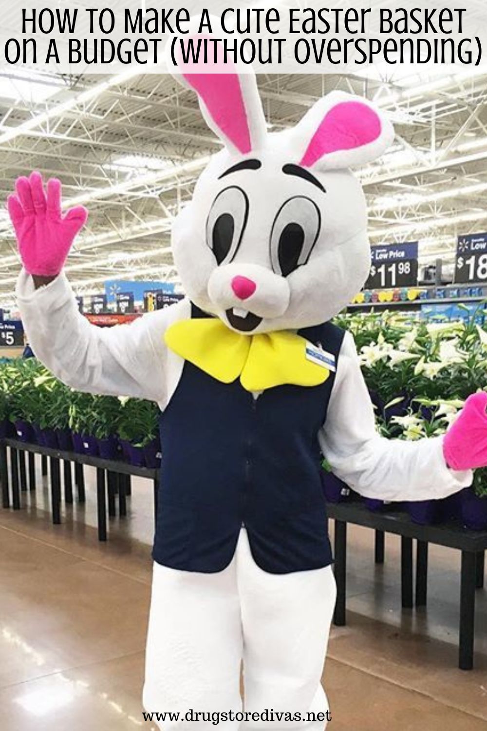 A worker in an Easter bunny costume in Walmart with the words 