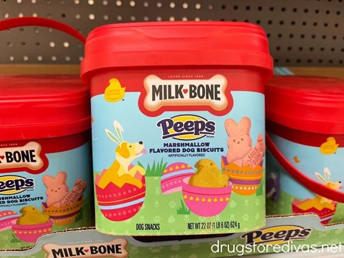 A barrel of Milk Bone Peeps on a store shelf.