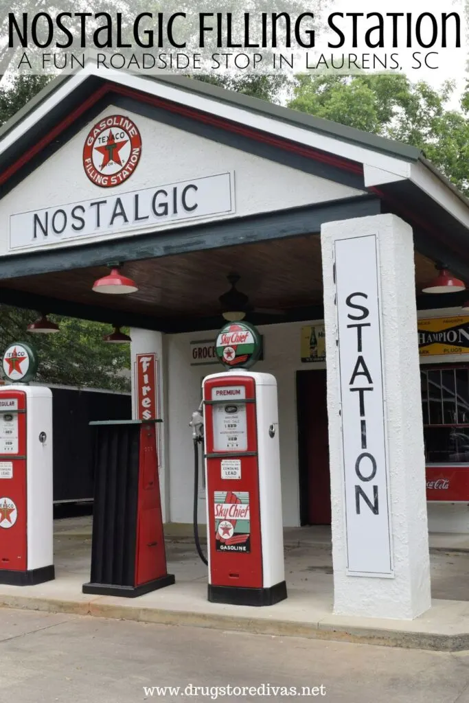 A restored gas station with the words "Nostalgic Filling Station" digitally written on top.
