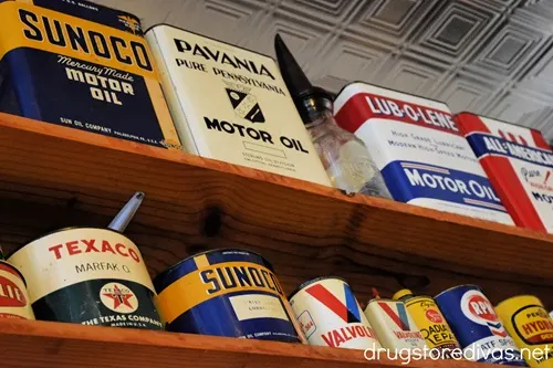 Old motor oil cans in the Nostalgic Filling Station in Laurens, SC.