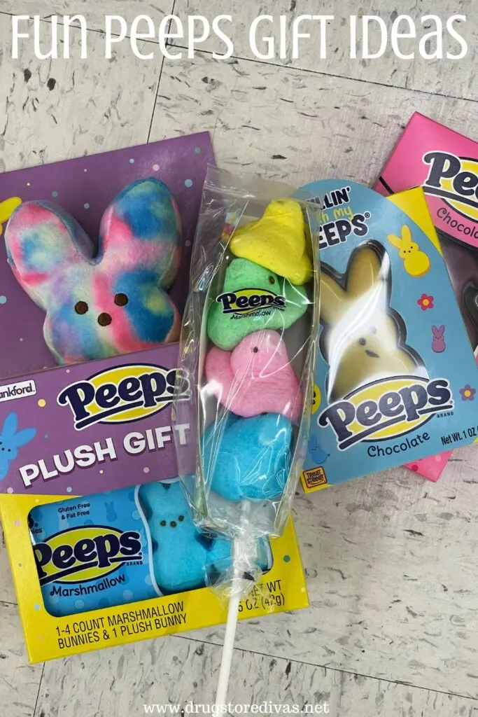 Various Peeps branded items with the words "Fun Peeps Gift Ideas" digitally written on top.