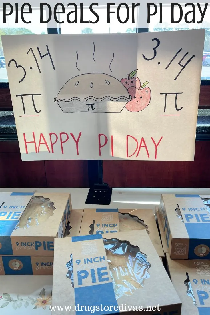 A handdrawn sign that says Happy Pie Day with an image of pie above pies and the words 