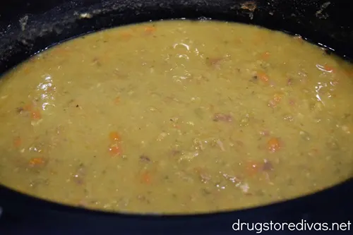 Slow cooker split pea soup in a slow cooker.