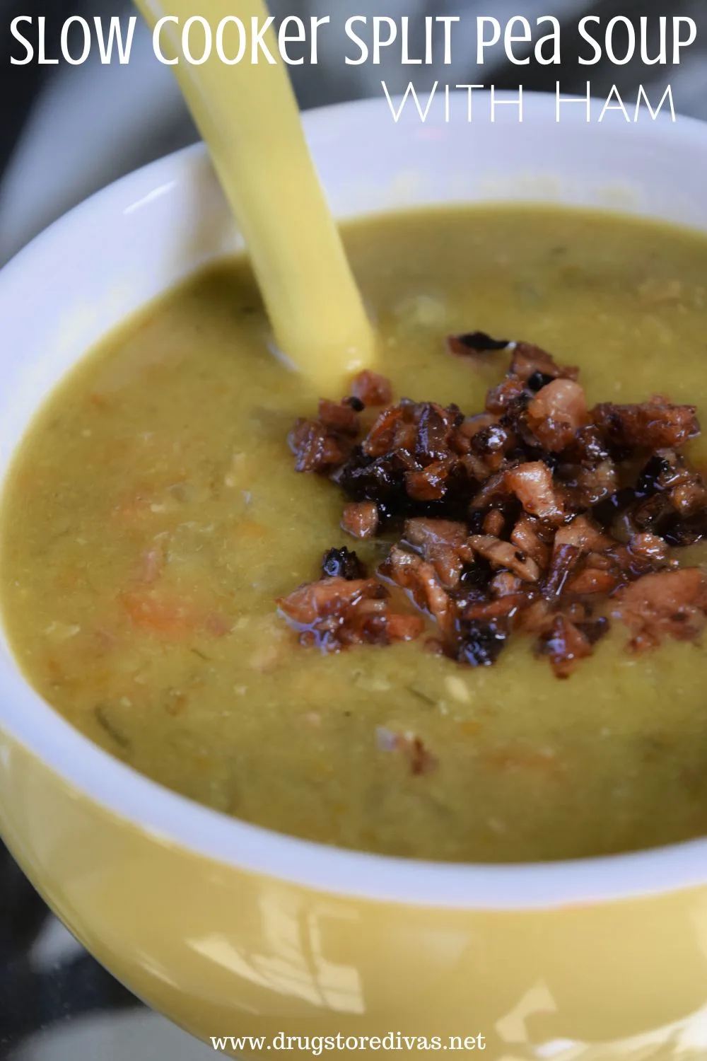 A bowl of split pea soup with bits of ham on top, in a yellow bowl with a yellow spoon in it, and the words 