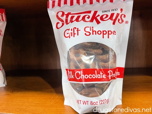 Stuckey's milk chocolate pretzels on a shelf.