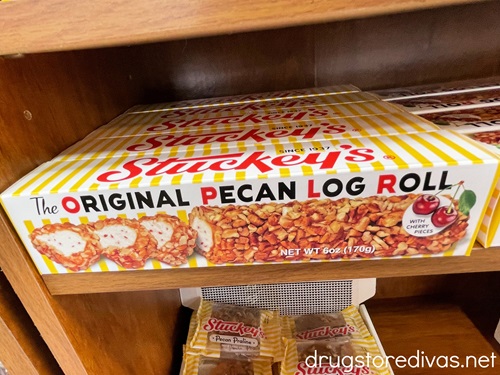 Stuckey's Original Pecan Log Roll boxes on a shelf.