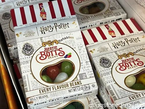 Boxes of Harry Potter Bertie Botts Every Flavor Beans on aa shelf in a store.