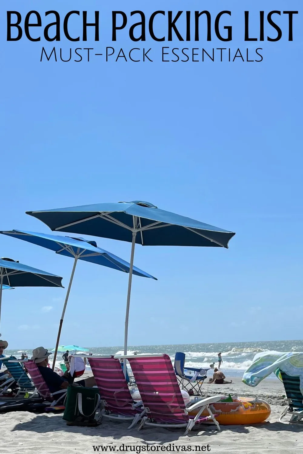 Three beach umbrellas with chairs and people under them, on the beach, with the words 