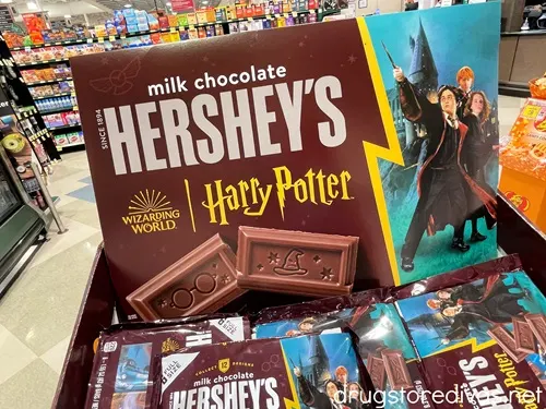 A display showing Hershey's Harry Potter chocolate bars.