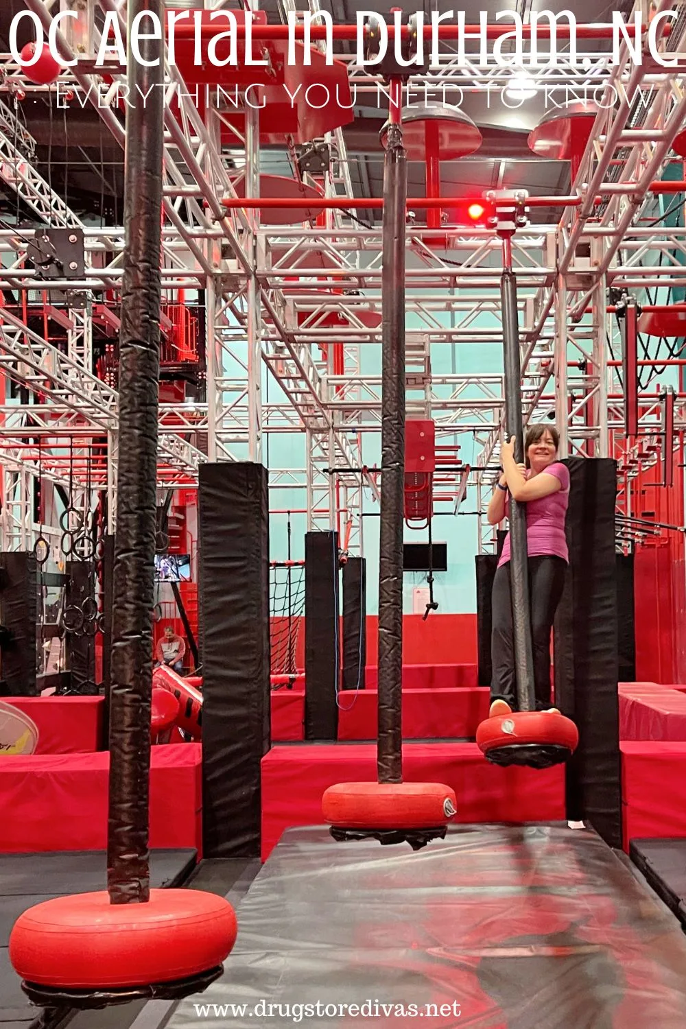 A woman on an American Ninja Warrior obstacle course called OC Aerial in Durham, North Carolina.