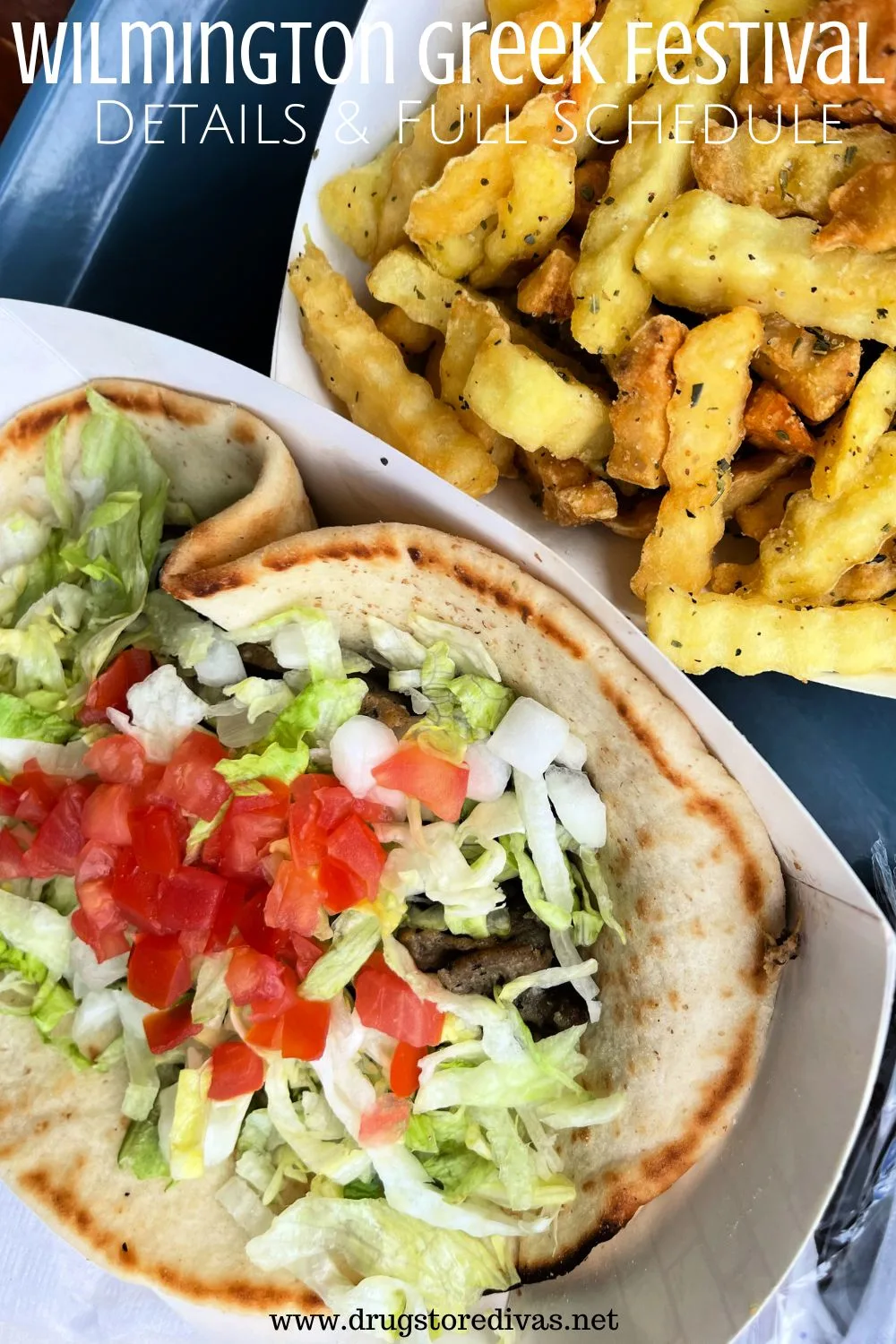 A gyro and French fries on a tray with the words 