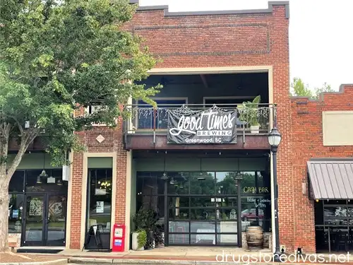The outside of Good Times Brewing, which is in a brick storefront in Greenwood, South Carolina.