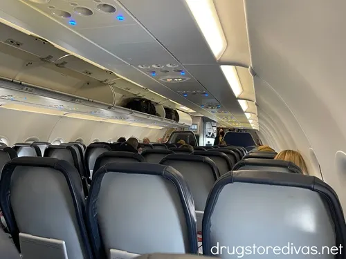 Rows of seats on an airplane.