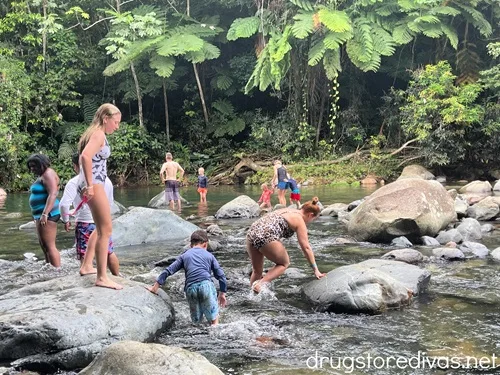 People swimming in a natural pool in El Yunque National Forest in Puerto Rico.