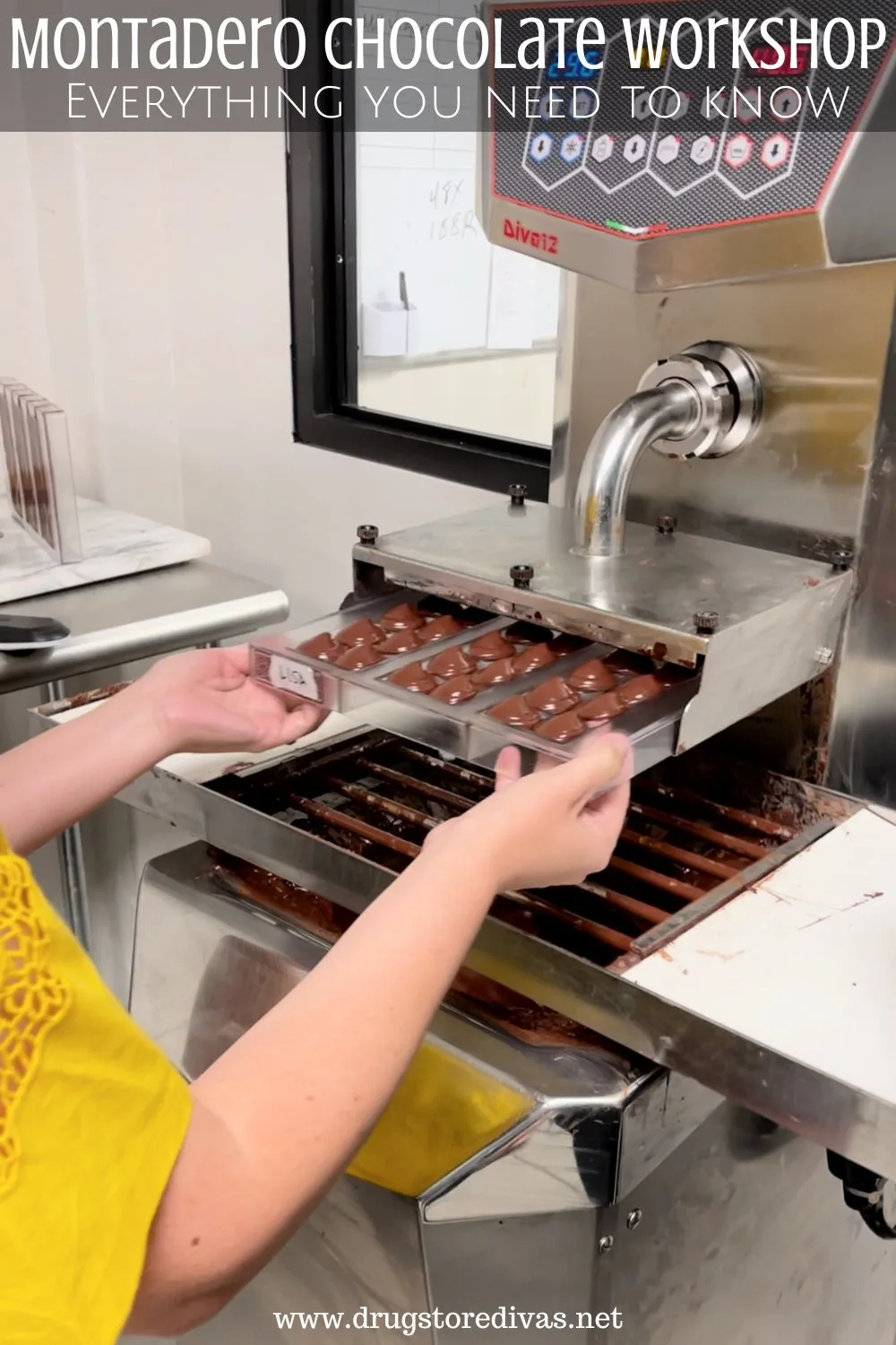 A woman inserting a mold into a chocolate pouring machine with the words 