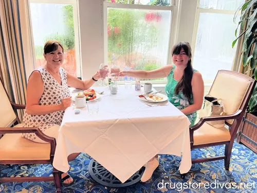 Two women sitting at a table in a formal dining room clinking their water glasses together.
