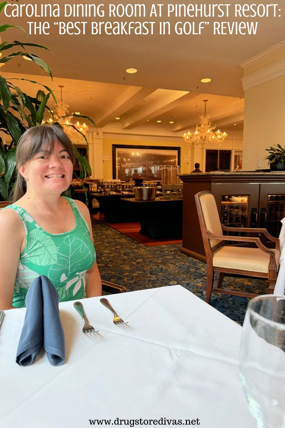 A woman in a green dress in a formal dining room with the words 